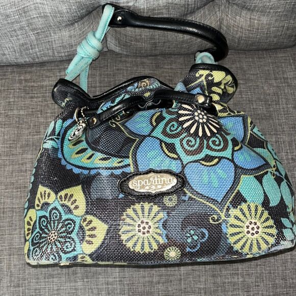 Spartina 449 Mod Black Blue Green Retro Flower Pattern Bucket Bag - Picture 2 of 9